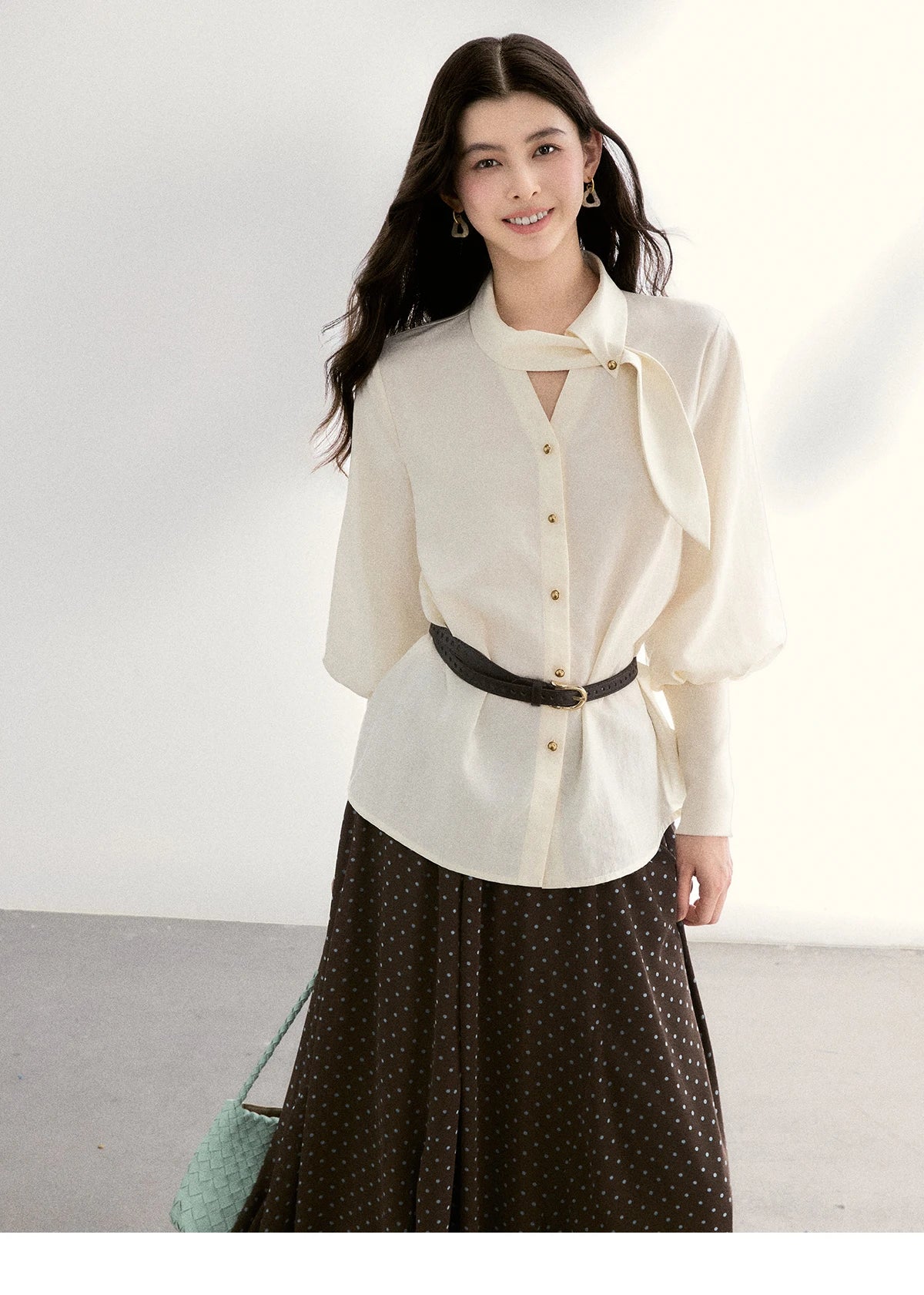 MISHOW Women's Tie Neck Shirts Spring Hollow-out Knitted Patchwork Puff Sleeve Tops Casual Elegant Shirt Office Lady MXF108C0812