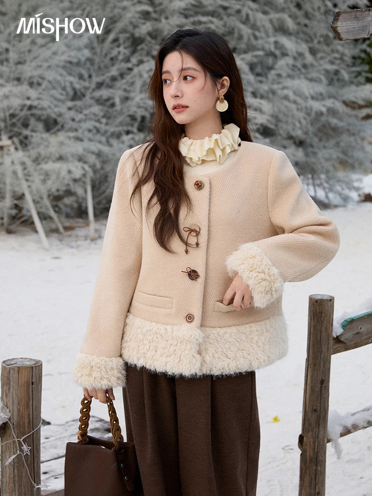 MISHOW Retro Apricot Wool Thickened Short Coat 2025 Winter Plush Splicing Coat Placket Vintage Handmade Buttons Coat MXE92W0998