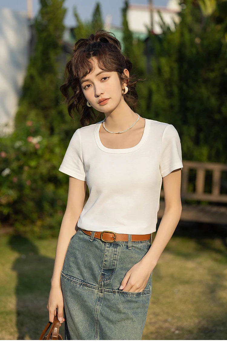 MISHOW Short Sleeve T-shirts Women Spring Solid Square-neck Top Elegant Woman Clothes Office Lady Cotton Tees MXC12T0641