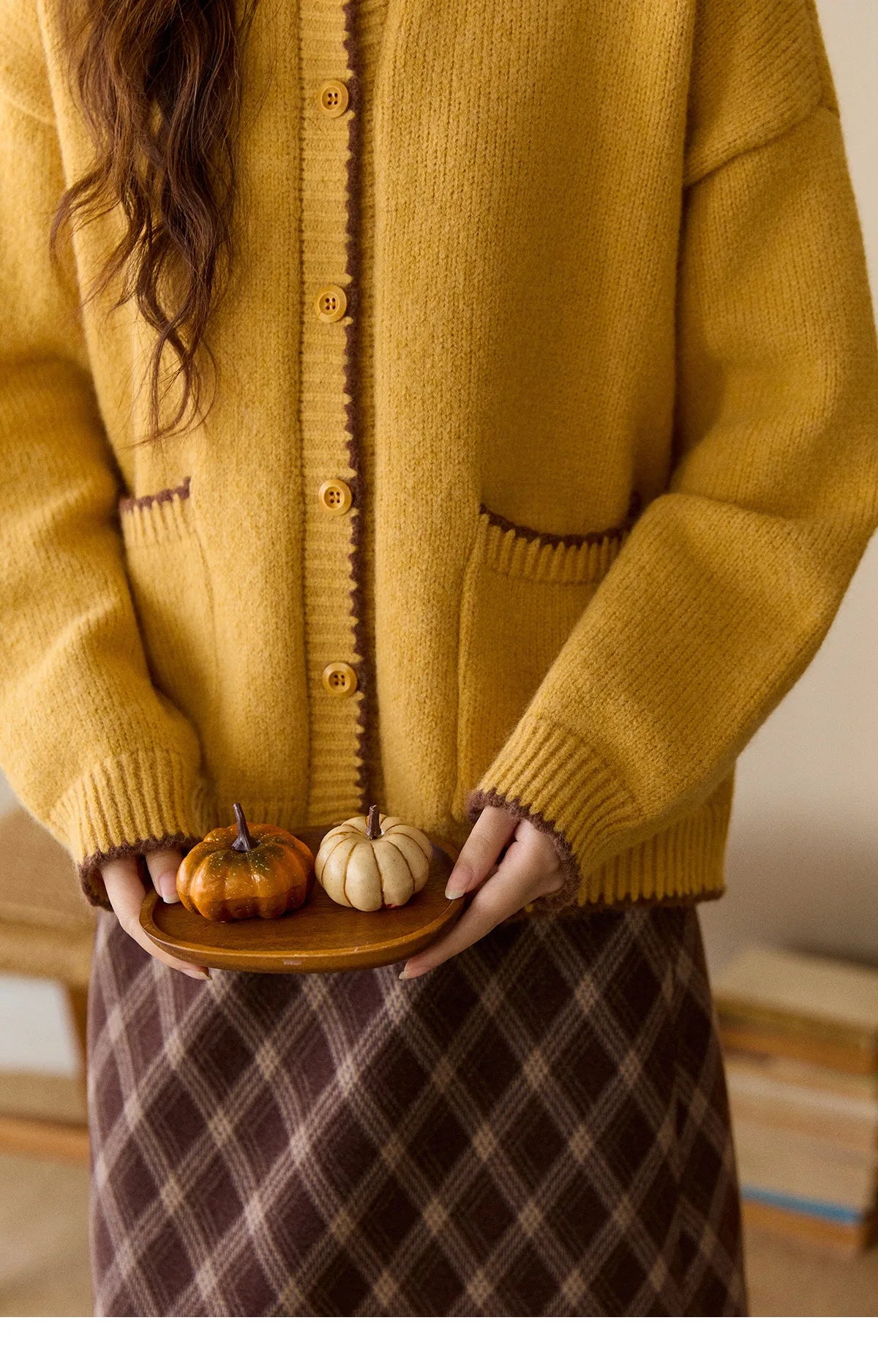 MISHOW Women's Yellow Knitted Cardigan 2025 Autumn Winter Color Collision Edge Sweater Pockets Loose Warm Casual Tops MXE94Z2973