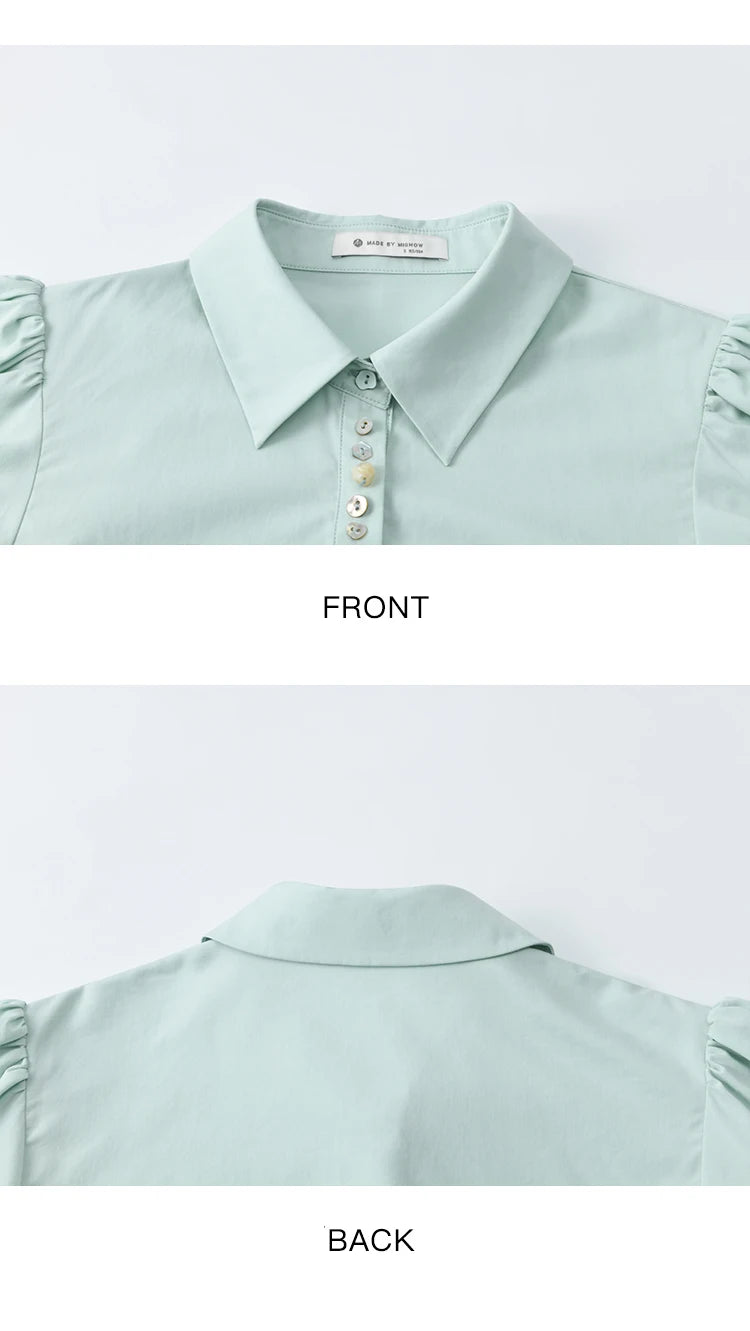 MISHOW Light Green Bubble Sleeve Shirt for Women Summer 2025 Lapel Collar Irregular Button Shirts Cotton Commuter Top MXE34C0788