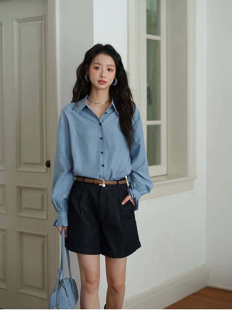 MISHOW Women's Shirts 2025 Autumn Color Blocking Buttons Pleated Cuffs Loose Top Female Solid Lapel Commuting Shirts MXE41C2352