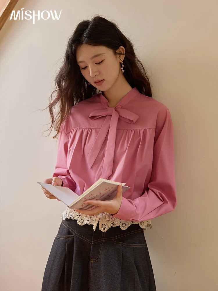MISHOW Women's Rose Red Stand Collar Shirt 2025 Autumn Bow Tie Hem Splicing Lace Tops Elegant Shirts Office Lady MXE43C2380