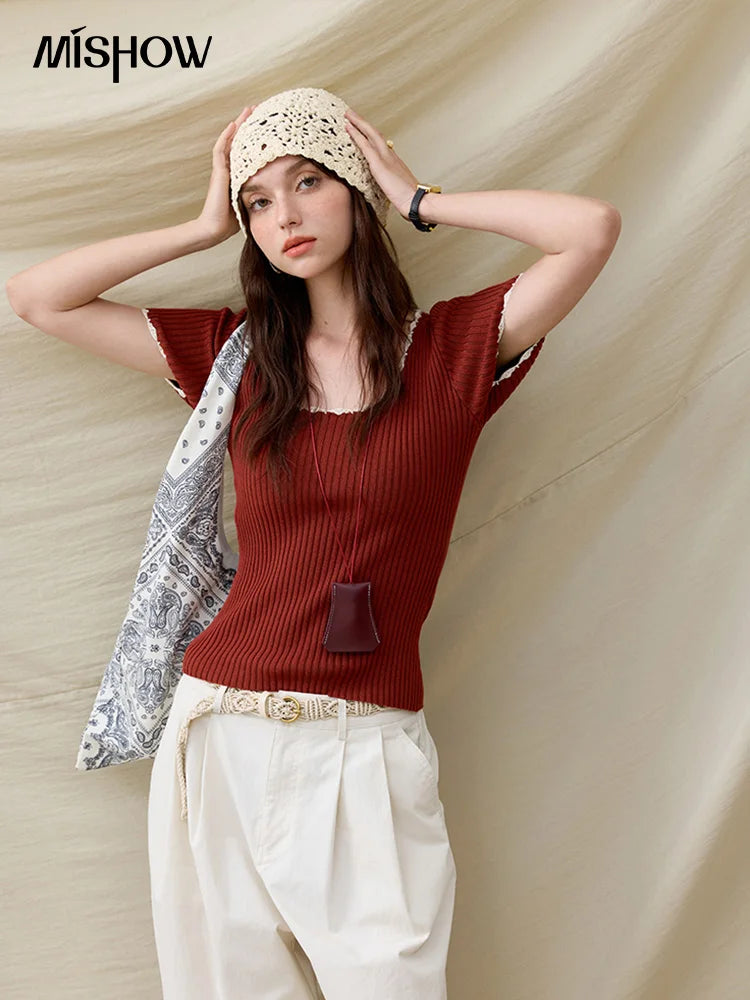 MISHOW Office Lady Summer Sweater Women 2025 New Solid Short Sleeve Lace Collar Contrast Color Hook Design Tops Slim MXE33Z1218