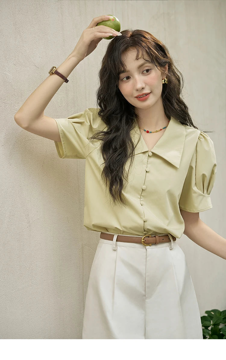 MISHOW Bubble Sleeve V-neck Commuting Shirts for Women 2025 Summer Retro Lapel Neck Short Sleeve Loose Solid Tops MXD28X1471