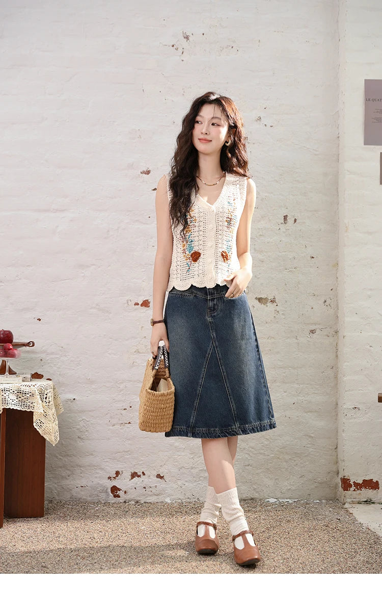 MISHOW Denim Fishtail Skirt 2024 Summer Retro Casual Love Embroidered Pockets Skirt A-line Umbrella Knee-Length Skirt MXD28B0414