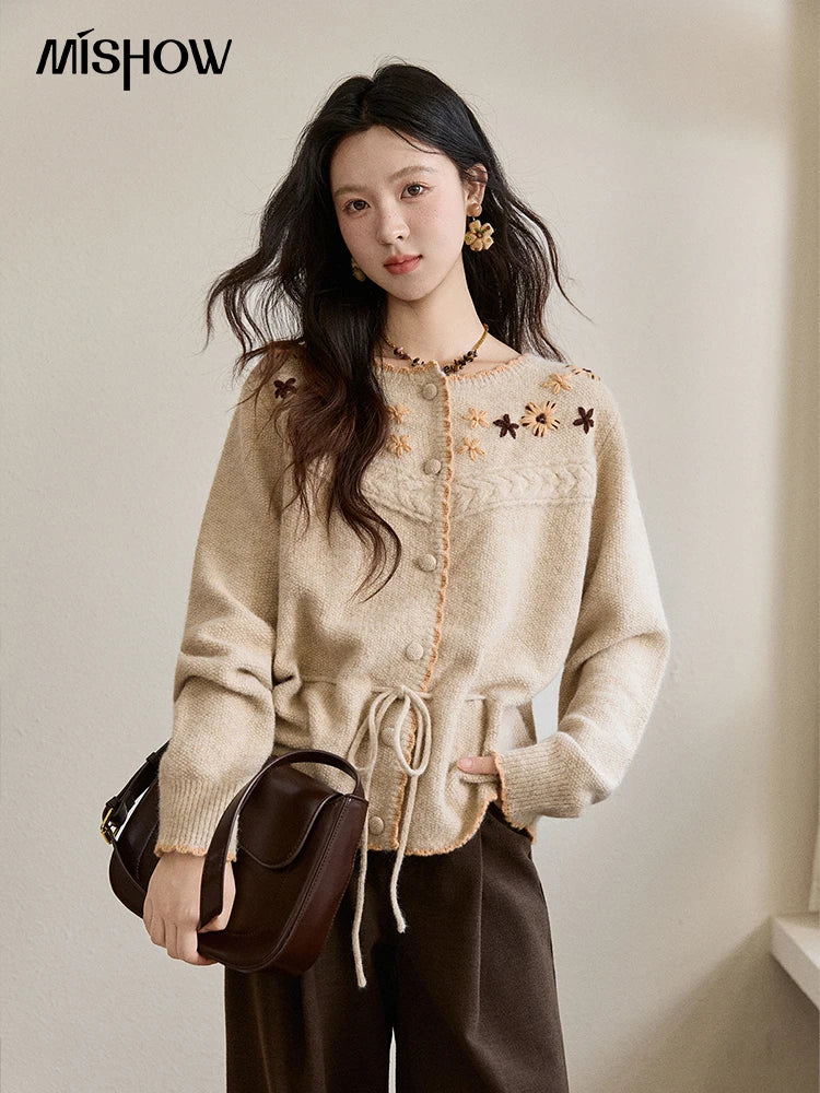 MISHOW Women's Apricot Hand-Embroidered Cardigan 2025 Winter Wool Blend Sweater Waist Tie Crochet Thick Warm Knitwear MXE87Z2702
