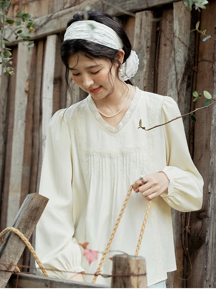 MISHOW Women's Lyocell Blouse 2025 Spring Summer Lace V-neck Commuting Top Puff Sleeve Solid Loose Blouse Office Lady MXE15X1735