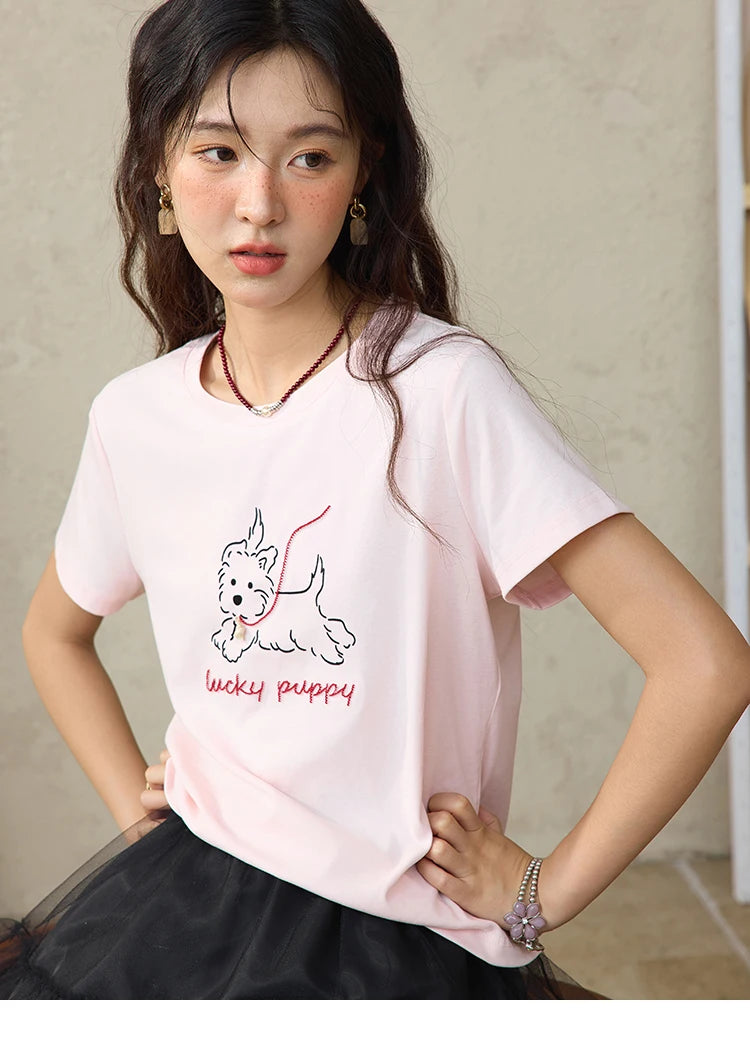 MISHOW Cute Printed Puppy Short Sleeve T-shirt 2025 Summer Round Neck Short Sleeved T-shirt Cotton Blend Casual Tees MXE36T0640