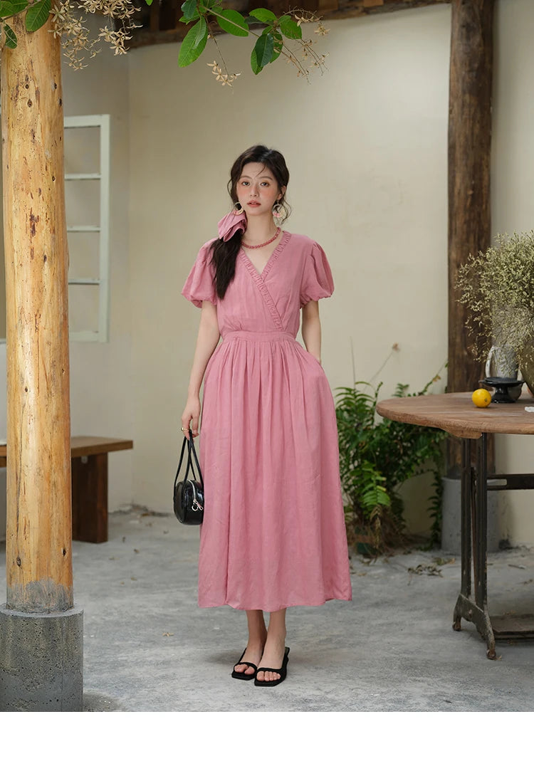MISHOW Summer Fashion V-neck Dress Woman 2025 New Puff Sleeve Sashes Elegant Pocket Vacation Dresses Ladies Clothing MXE39L2381