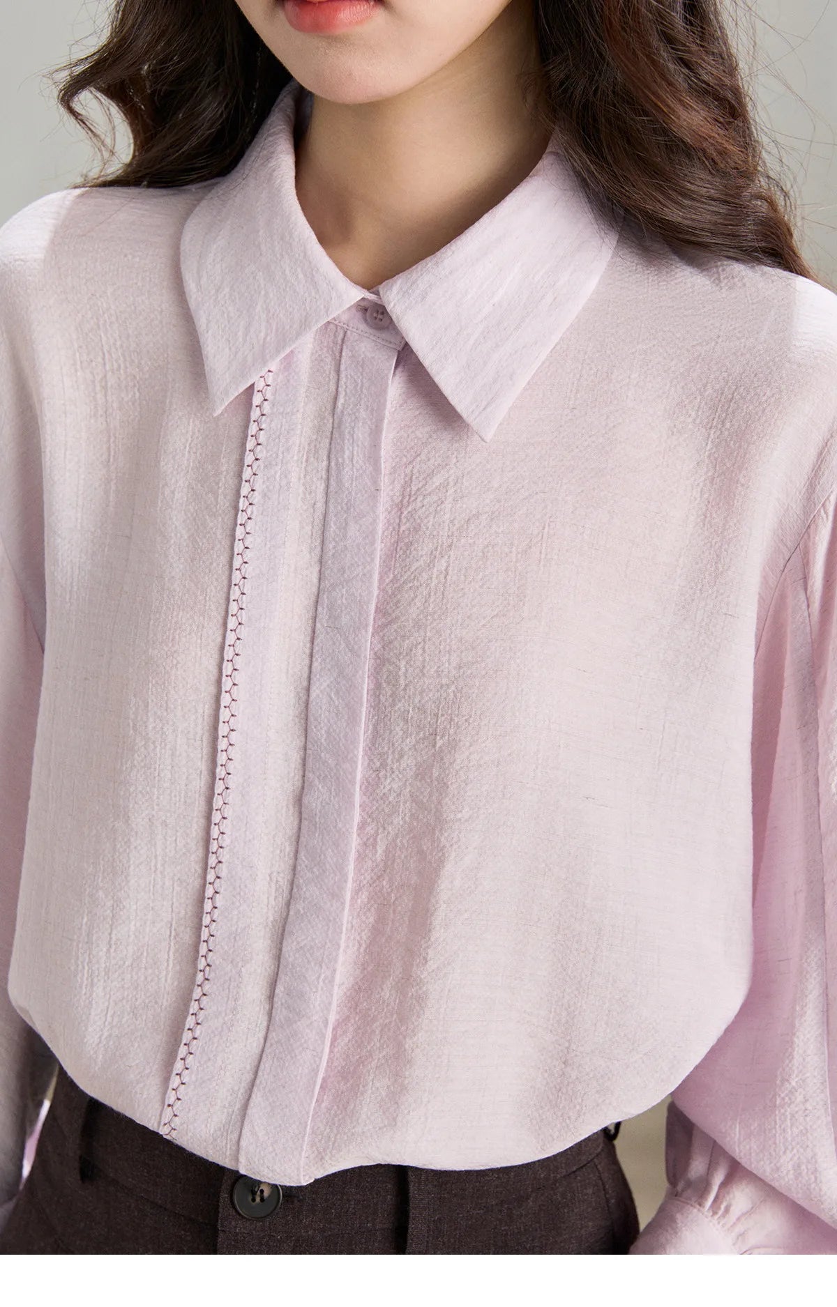 MISHOW Women's Lapel Lantern Sleeve Shirts 2026 Spring Lace Trim Casual Loose Breathable Solid Shirt Office Lady MXF13C2436