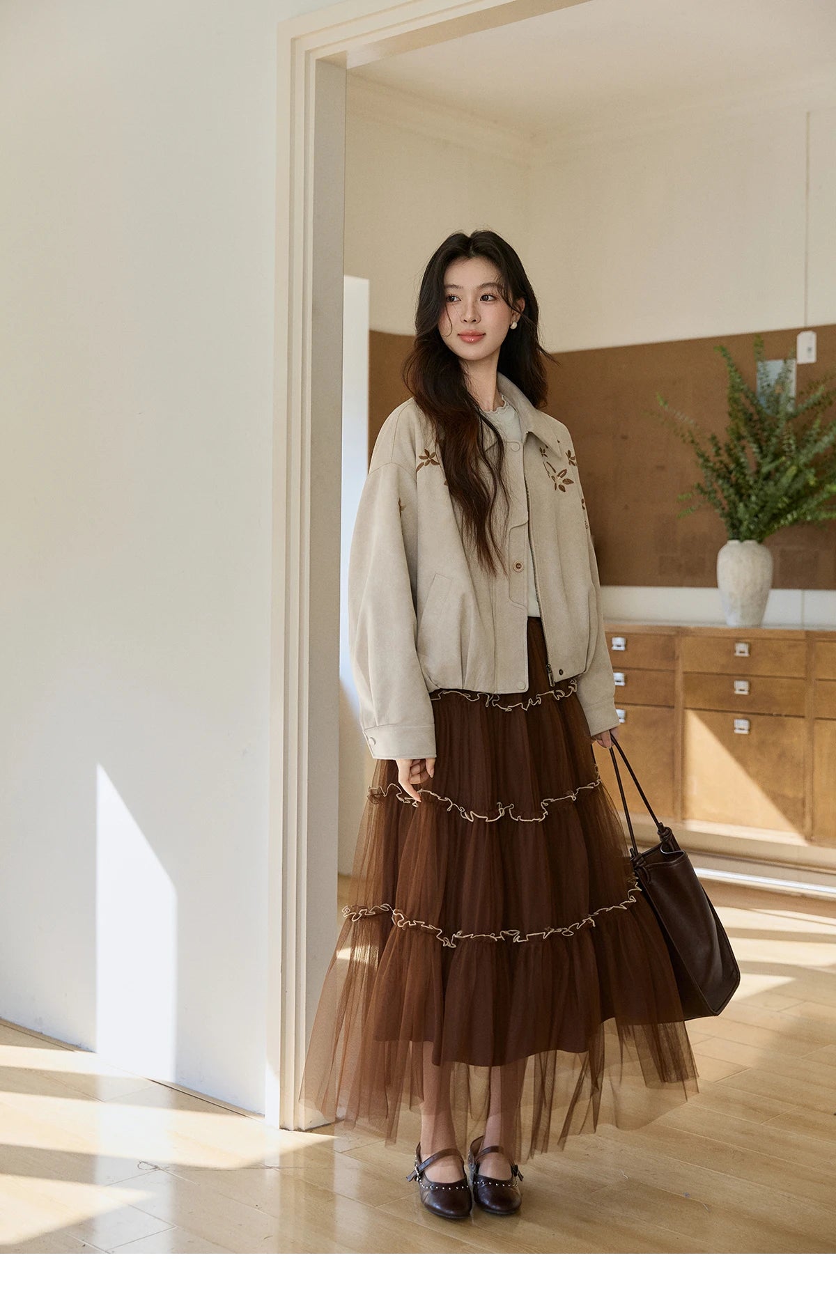 MISHOW Women's Imitation Suede Jacket2026 Spring Floral Embroidery Lapel Zipper Coats Long Sleeve Casual Outerwear MXF11W1027