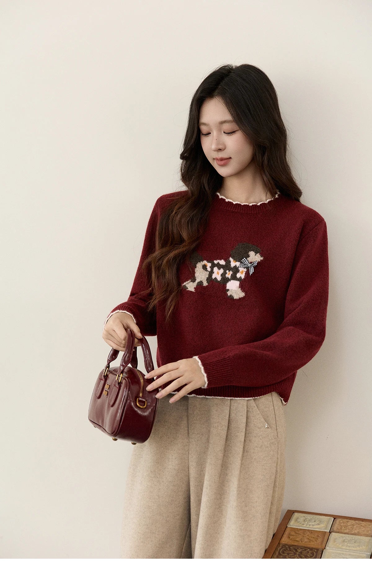 MISHOW Women's Burgundy Knitted Sweater 2025 Winter Poodle Pattern Ruffled Trim Crew Neck Sweater Warm Pullover Tops MXE93Z2949