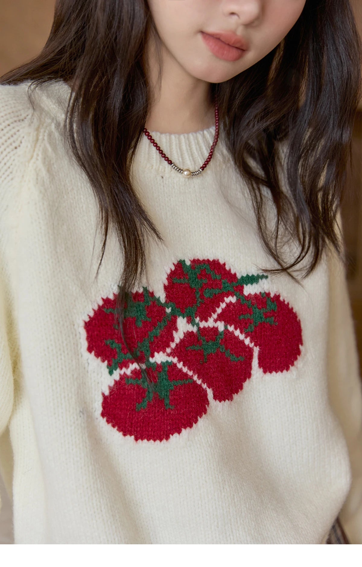 MISHOW Women's Off-white Sweater 2025 Winter new Tomato Jacquard Long-sleeved Sweater Loose Casual Knitted Pullover MXE51Z2692