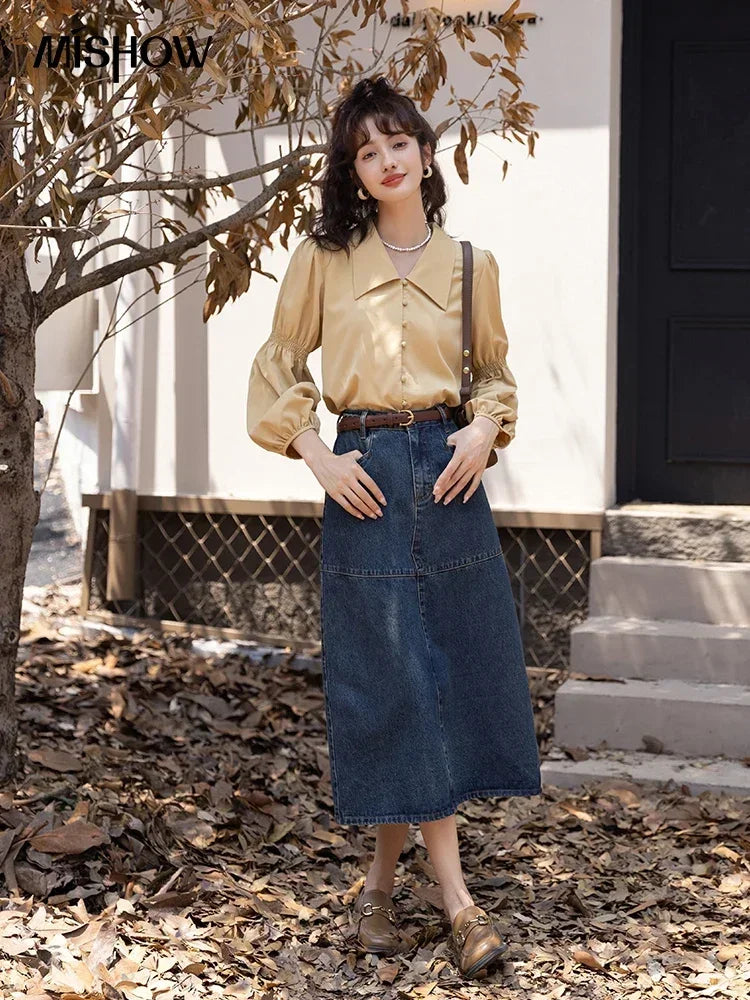 MISHOW Elegant Women's Blouse Autumn Vintage French Lantern Sleeves Turndown Collar Shirt Office Lady Female Clothing MXB32C0508