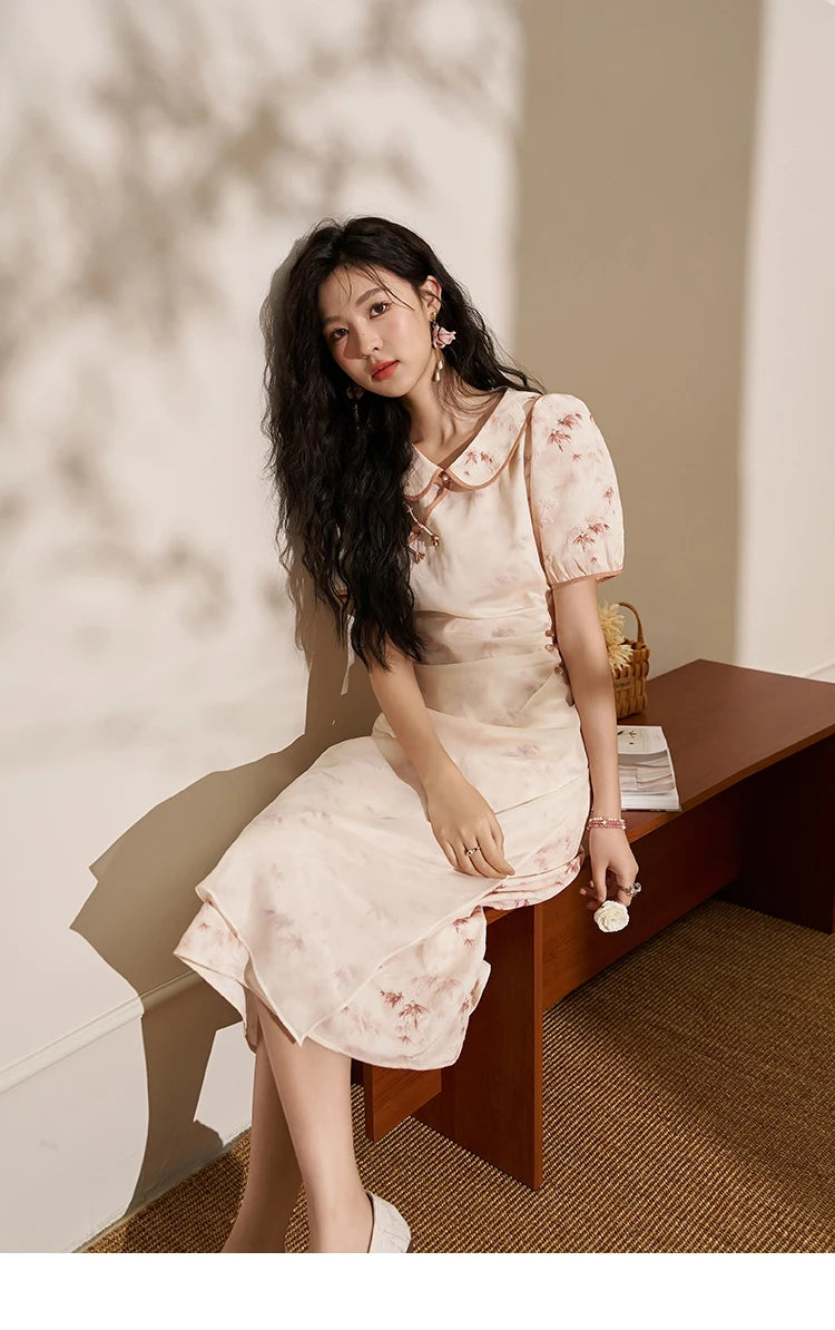 MISHOW Chinese Doll Collar Dresses 2024 Summer Improved Cheongsam Waist Pink Bamboo Printing Splicing Mesh Midi Dress MXD22L1829