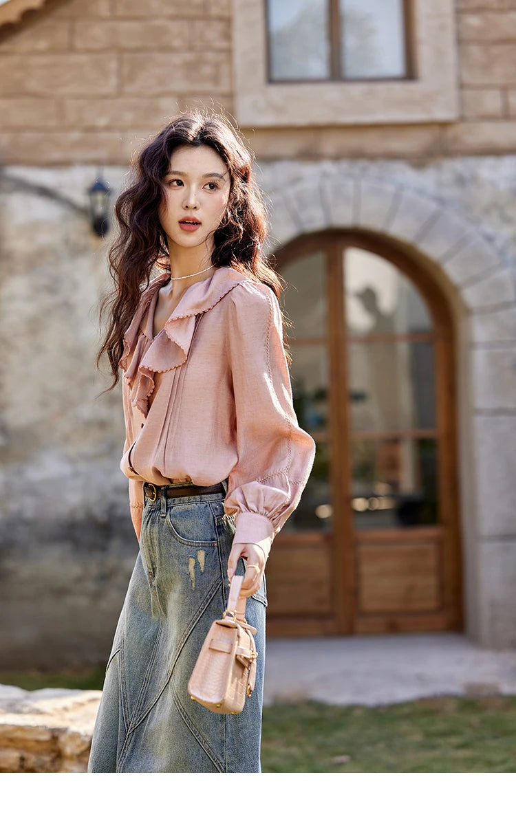 MISHOW Lotus Leaf Collar Shirt Bubble Sleeves Pink Shirt for Women Spring 2025 Sweet Chiffon Top Temperament Shirts MXE12X1702