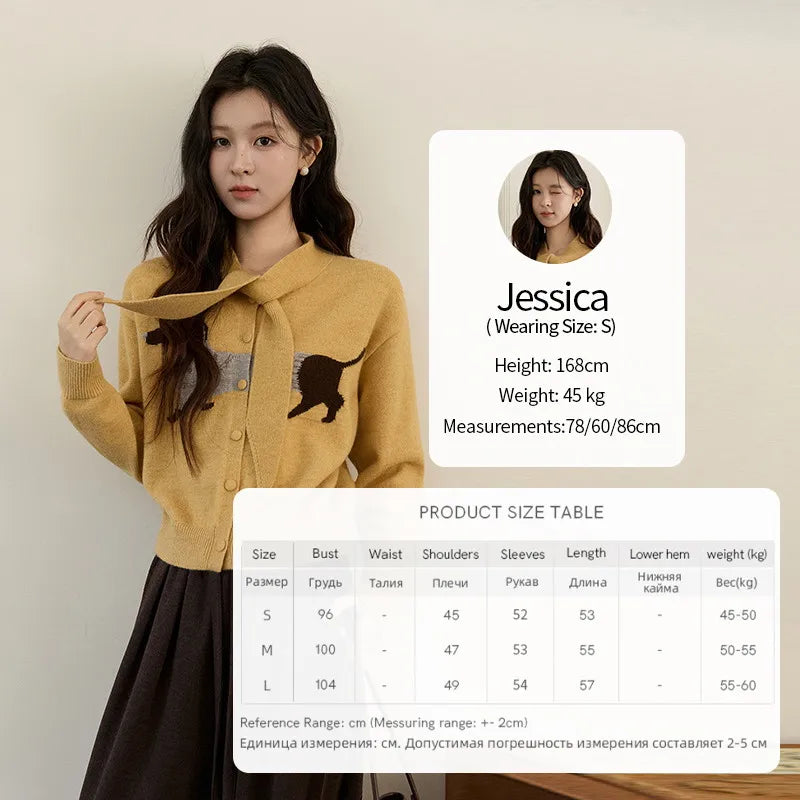 MISHOW Women's Pink Knit Cardigan 2025 Autumn Winter Dachshund Pattern Bow Collar Sweaters Single-breasted Loose Tops MXE94Z2997