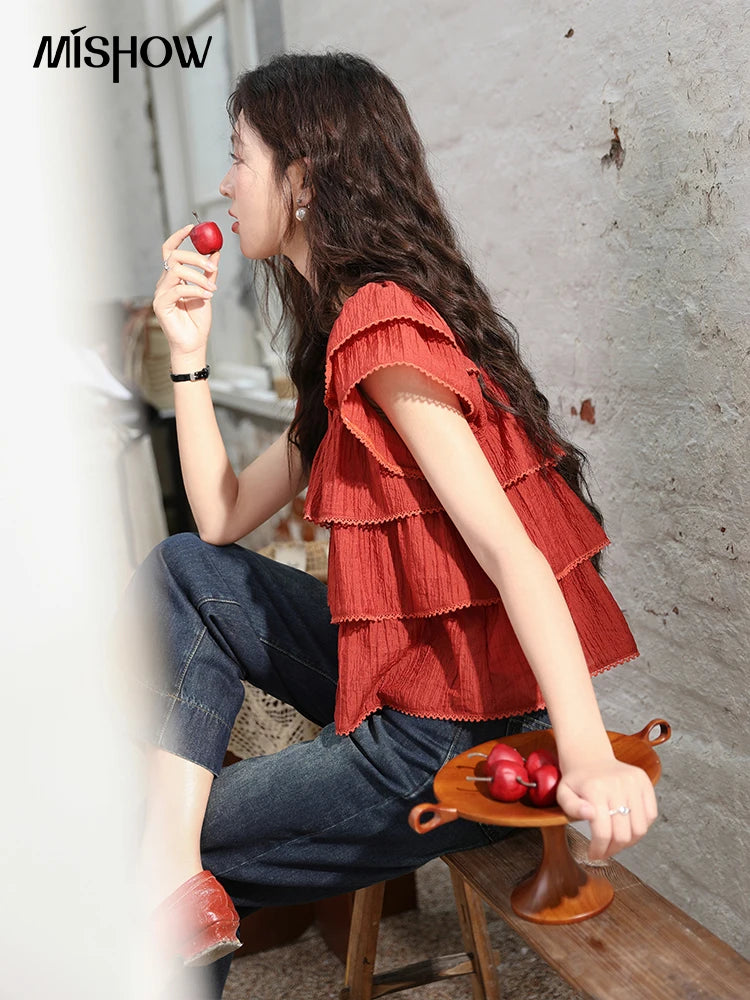 MISHOW Women's French Square Collar Blouses 2024 Summer Retro Red Ruffle Lace Cake Top Puff Sleeve Solid Sweet Blouse MXD30X1488
