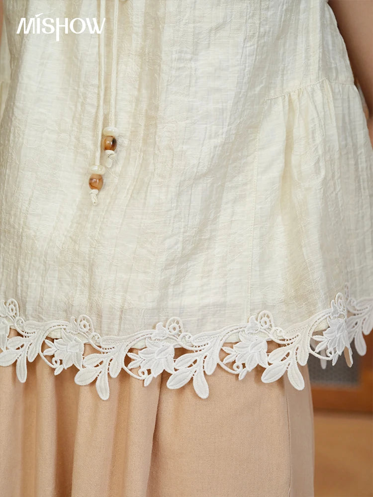 MISHOW Women's French Round Neck Lace Up Blouse 2025 Summer Embroidery Puff Sleeve Flower Spliced Commut Short Top MXE39X1956