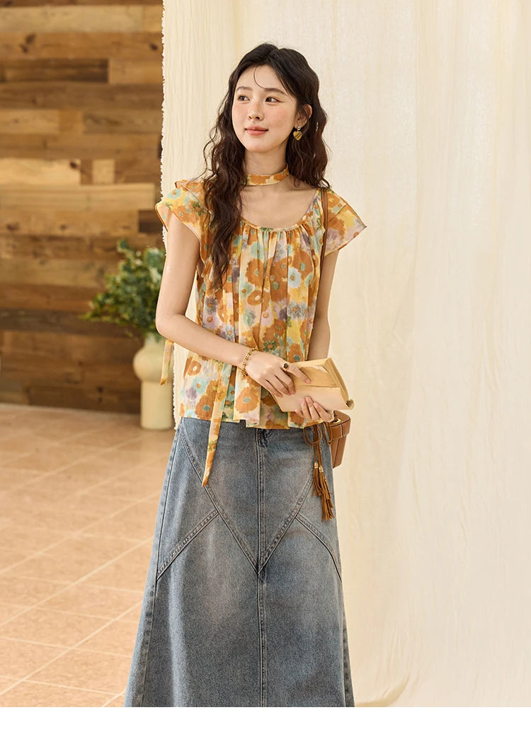 MISHOW 100 Cotton Citrus Oil Painting Printed blouse for Women 2025 Summer Vacation Korean Flying Sleeve Casual Top MXE36X1872