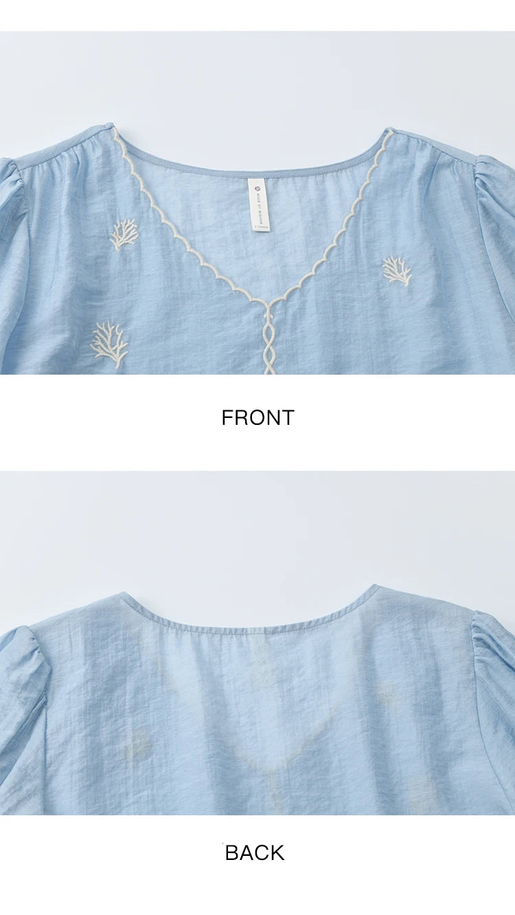 MISHOW Women's Coral Embroidery Summer Blouse 2025 New Fashion V-neck Puff Sleeve Blouse Casual Women's Clothing MXE37X1850