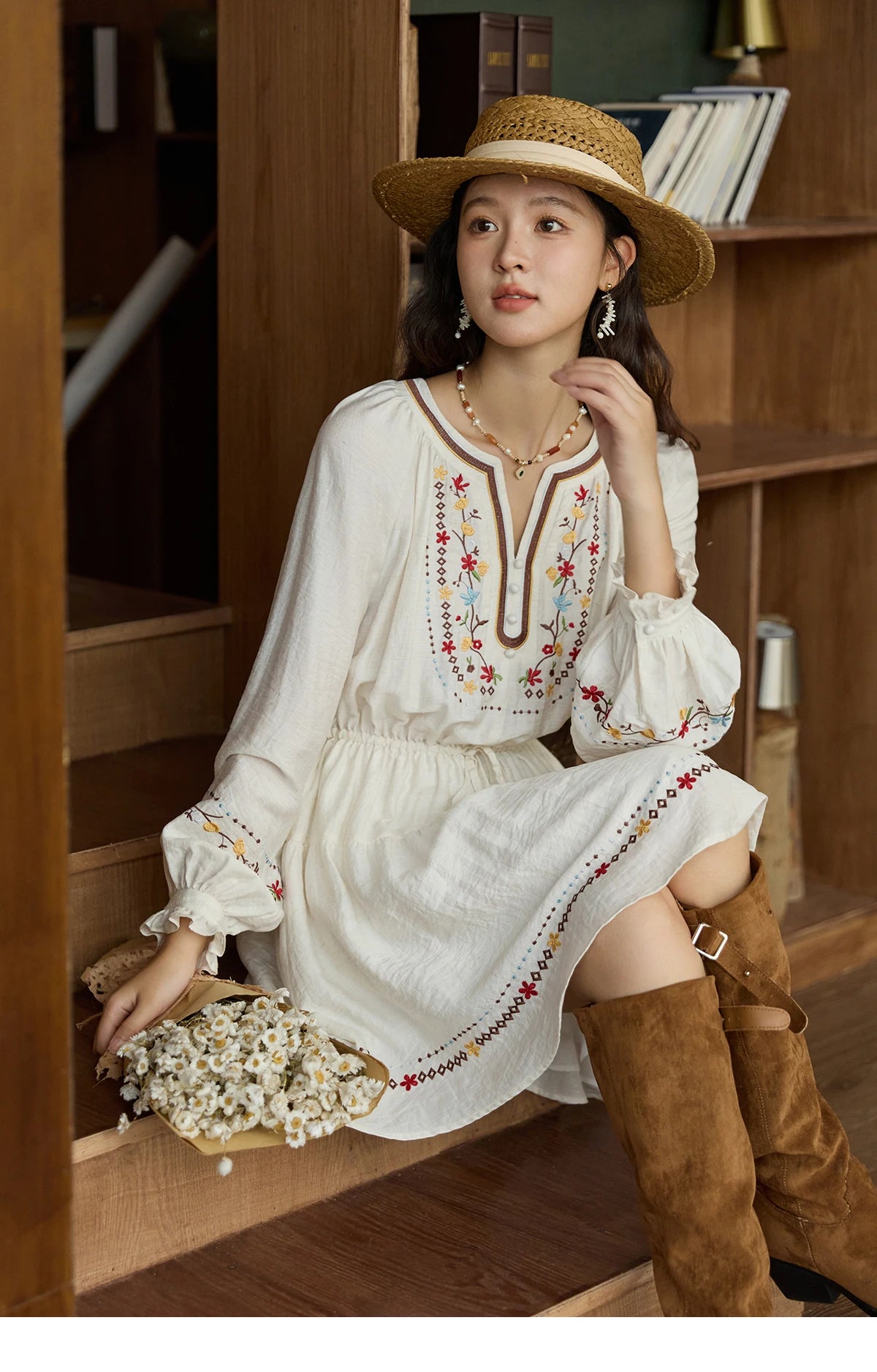 MISHOW Woman Long Sleeve Dress Autumn Elegant V-neck Embroidered Drawstring Waist Dress A-line Bohemian Midi Dresses MXE44L2489