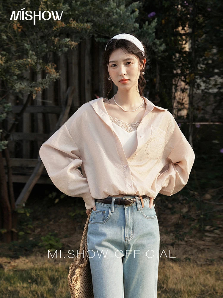 MISHOW Casual Spring Shirt Women New 2025 Long Sleeve Turn-down Collar Fake Two-piece Blouses Lady Fashion Loose Tops MXE16C0777