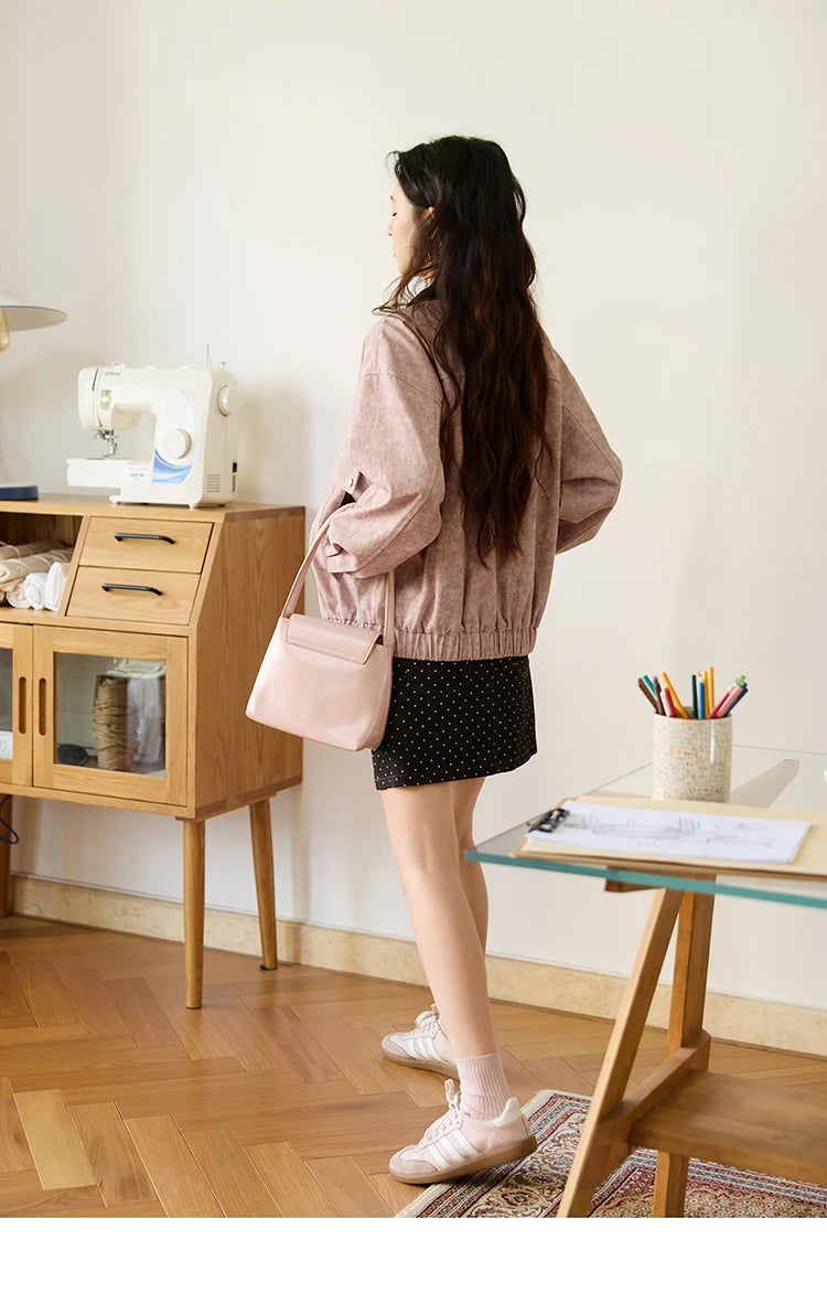 MISHOW Pink Purple Collision Black Lapel Jacket for Women Autumn Suede Metal Zipper Top Retro Loose Elastic Hem Coats MXE46W0865