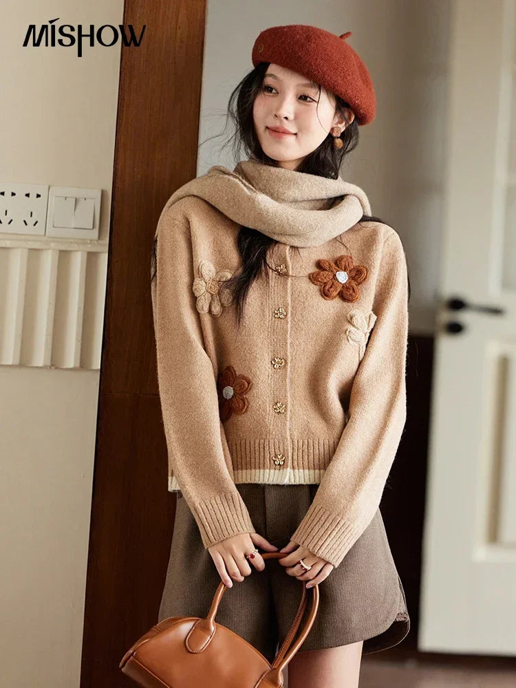 MISHOW Knitted Sweater Flower Pattern Cardigan O-Neck Color Clash Design Warm Coat Metal Buttons Sweet Soft Tops MXD56Z0919