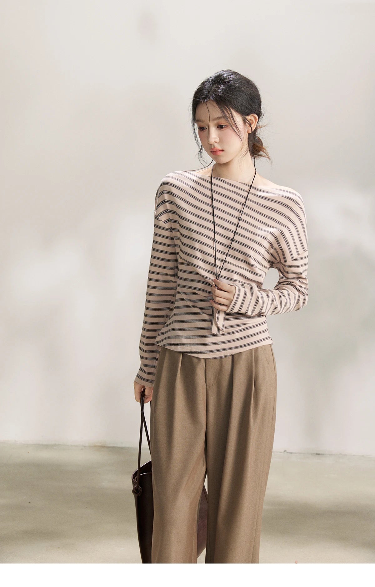 MISHOW Striped Boat Neck Long Sleeve Tops 2026 Spring Ruched Side SlimCasual Soft Breathable T-Shirt with Necklace MXF13T1514