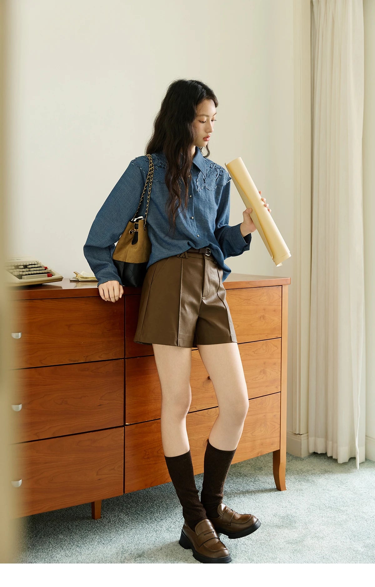 MISHOW Women's Blue Shirt Autumn 2025 Hollowed Out Patchwork Embroidery Tops Imitation Denim Fabric Loose Retro Shirt MXE46C2410