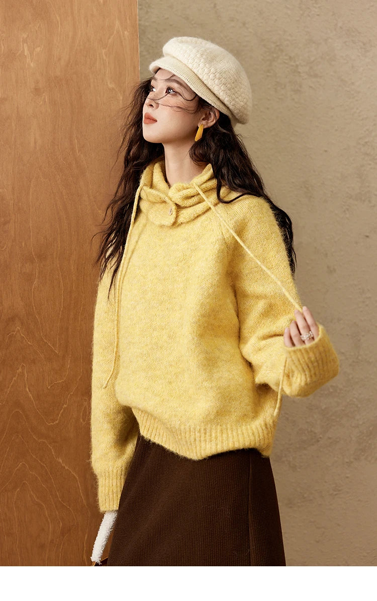 MISHOW Knitted Sweater Hooded Neck Warm Wool for Women 2025 Autumn Winter Cozy Loose-Fit Casual Solid Pullover Top MXD59Z1123