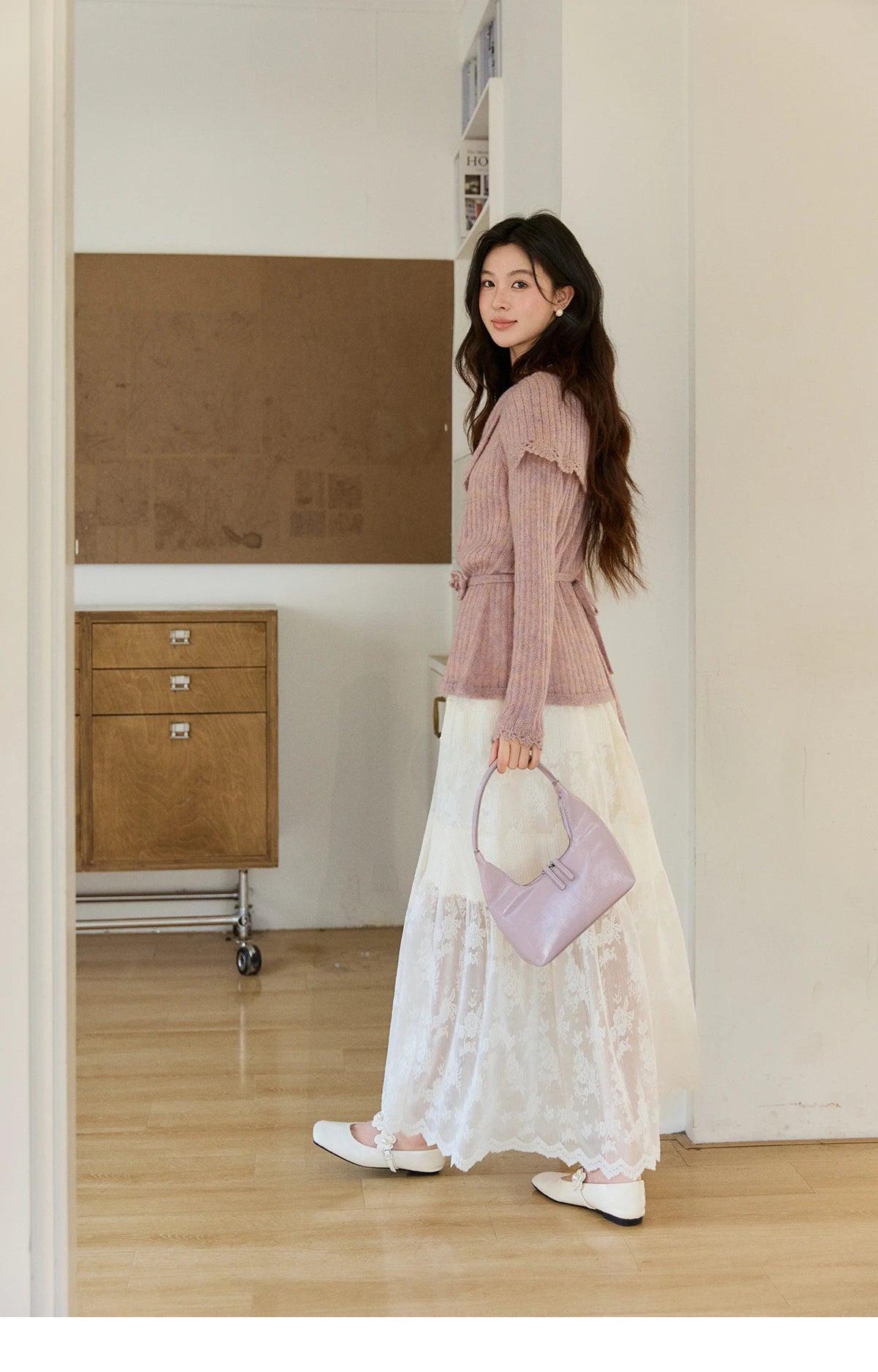 MISHOW Women's Pink Ribbed Knitted Sweater 2026 Spring Large Collar Lace Trim Belted Waist Long Sleeve Pullover Tops MXF11Z2901