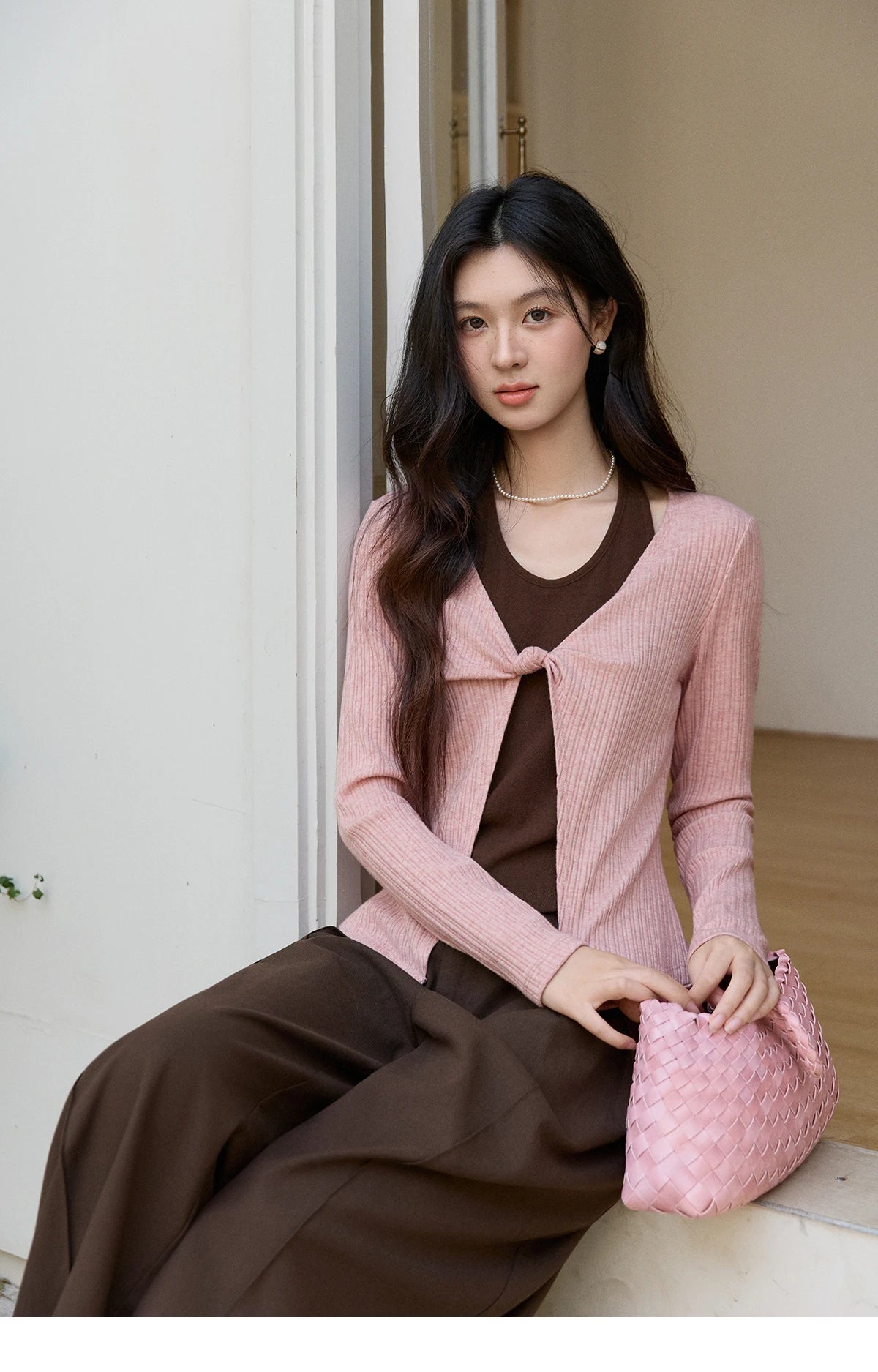MISHOW Women's Pink Brown Fake Two-Piece Top 2026 Spring Ribbed Knit Knot Front Thin Top U-Neck Long Sleeve Slim Tops MXF11Z2912