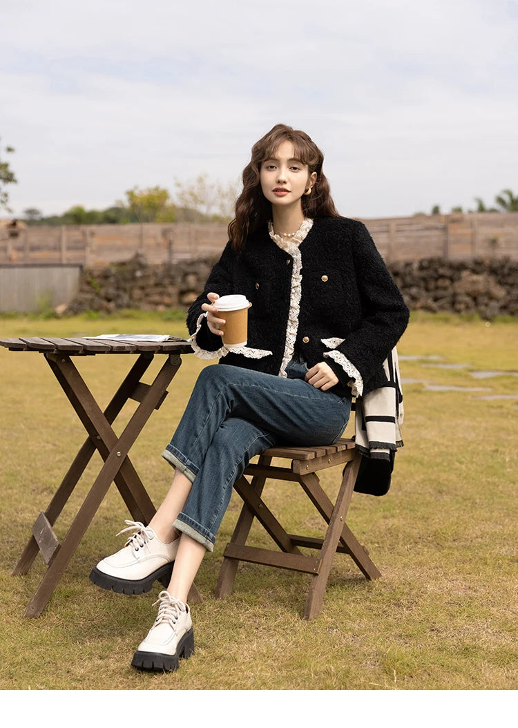 MISHOW Wool Coat for Women Winter Korean Retro Lace Splicing Lamb Wool Button Pockets Thickened Warm Female Coat MXB43W0720