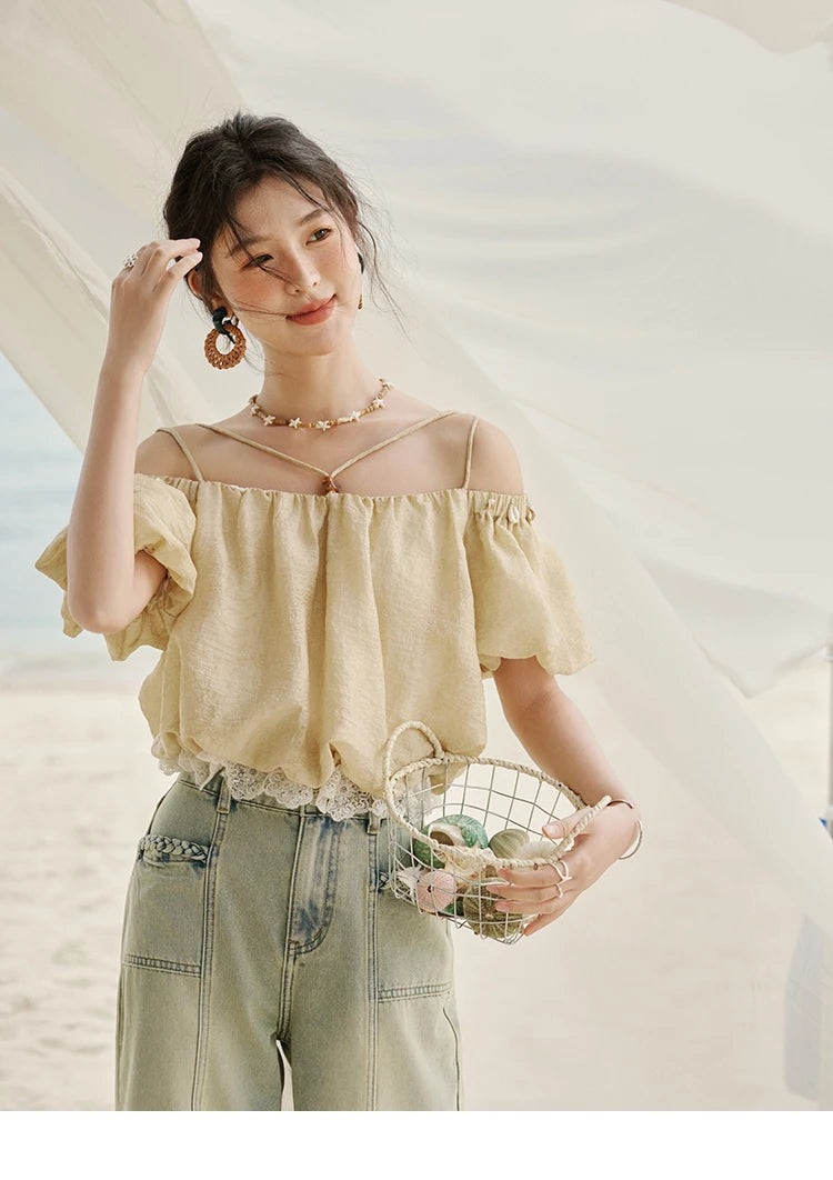 MISHOW French Summer Camisole Shirt Female 2025 New Solid Off-shoulder Short Sleeve Lace Tops Fashion Gentle Blouses MXE33X1755
