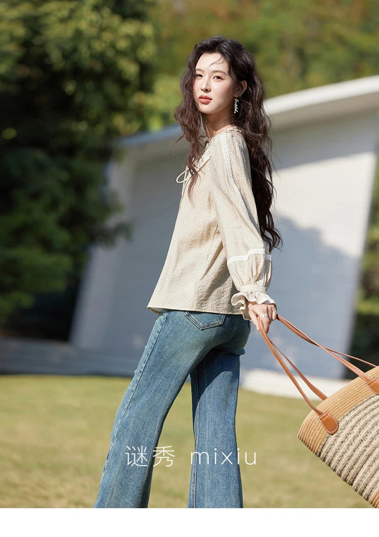 MISHOW Women's Floral Round Neck Shirts 2025 Spring Ruffled Collar Commuting Top Sweet Petal Sleeve Lace-up Shirts MXE14X1729