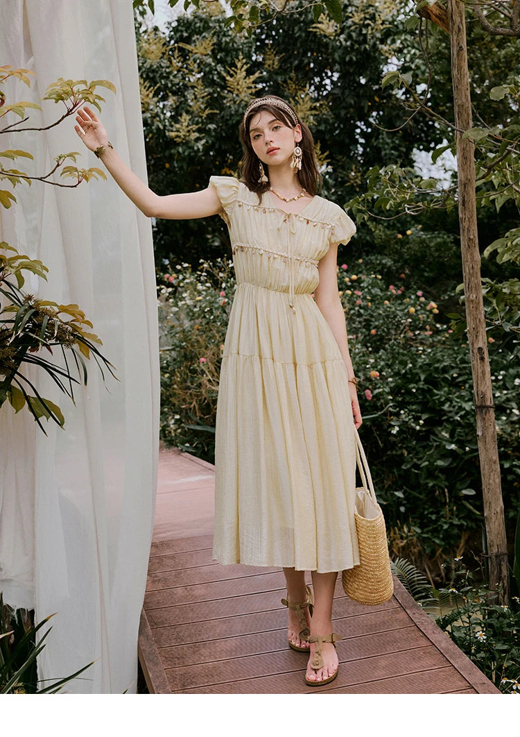 MISHOW Holiday Summer Dresses Women 2025 Solid V-neck Short Puff Sleeve Shell Ribbon High Waist Dress Woman Fashion MXE33L2193