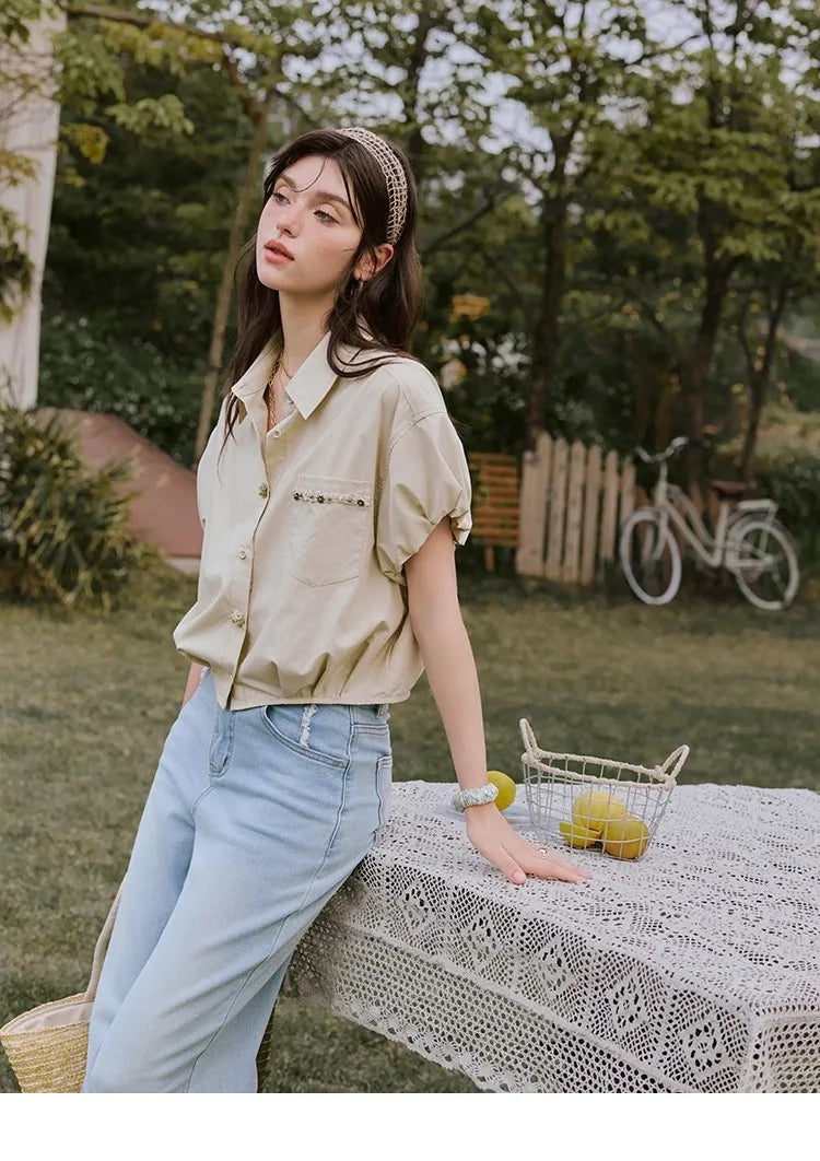 MISHOW Casual Summer Blouses Women 2025 New Short Puff Sleeve Turn Down Collar Shirt Female Fashion Shell Ribbon Tops MXE33C0773