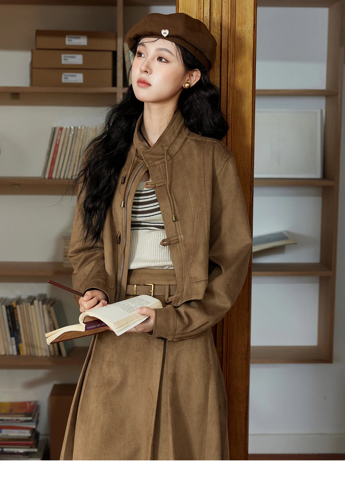 MISHOW Retro Suede Jacket Pleated Skirt Separately for Women 2024 Autumn Short Stand Neck Jacket A-line Short Skirt MXD44W0423