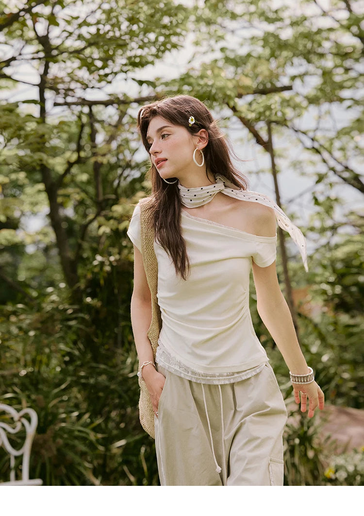 MISHOW Sexy Summer New T-shirts Women 2025 Short Sleeve Skew Collar Off-shoulder Lace Shirt Female Versatile Thin MXE31T0503