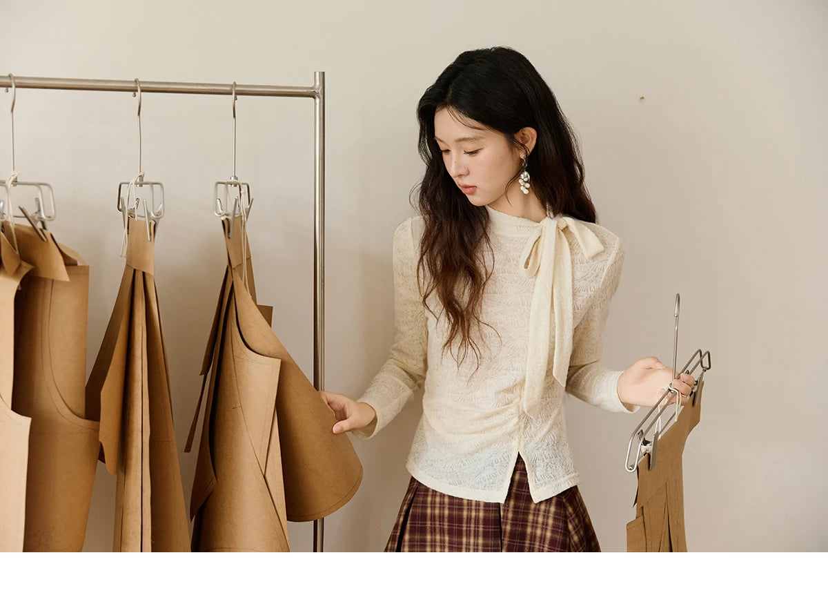 MISHOW Lace Base Tops for Women Autumn 2025 Retro Stand Neck Lace Up Bow Thin Sweater Apricot Waist Knitted Inner Top MXE45Z1382