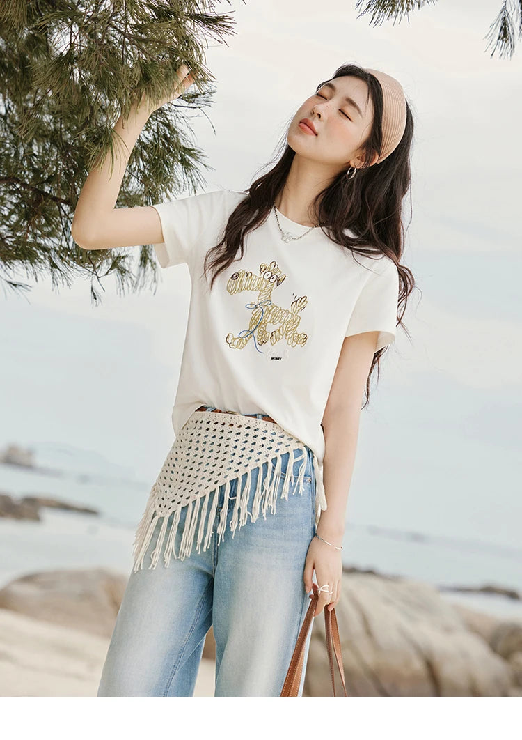 MISHOW Print Women‘s Summer T-shirts 2025 Short Sleeve Round Neck Loose Design Shirt Female Slim Embroidery Tops Lady MXE31T0550