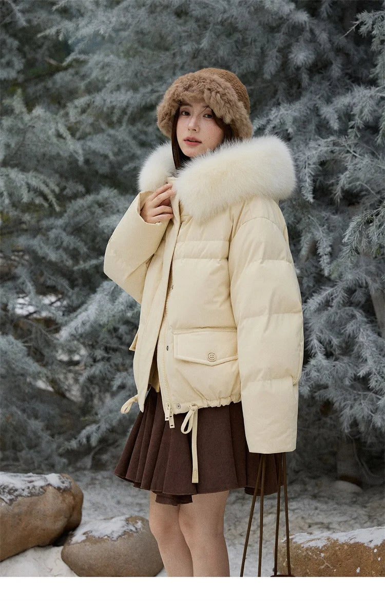 MISHOW Short Lightweight Puffer for Women 2025 Fashion Loose Long-sleeved Down Jacket Detachable Fur Collar Warm Coat MXE87Y0084