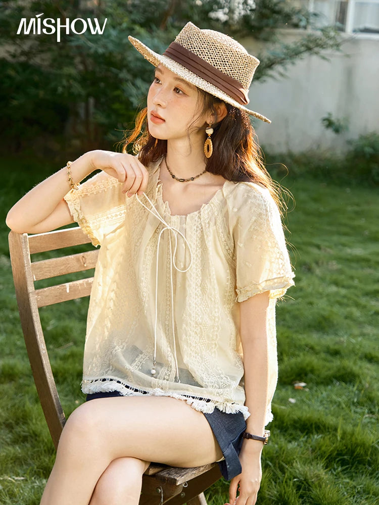 MISHOW Women's Embroidery Jacquard Blouse 2025 Summer New Fashion O-Neck Lace Up Short Sleeve Blouse Female Clothing MXE37X1861