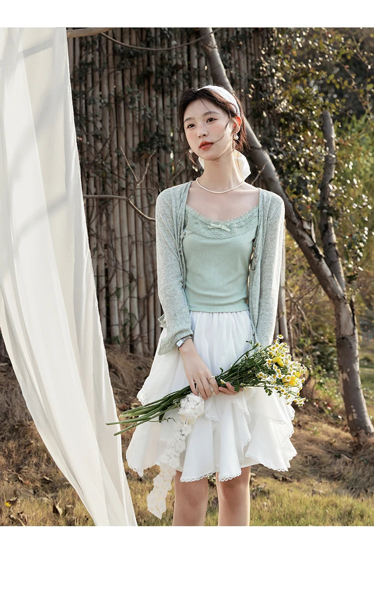 MISHOW Light Green Camisole Knit Cardigan Two-piece Set Spring Summer 2025 Lace Bow Camisole V-neck Cardigan Sets MXE15T0504