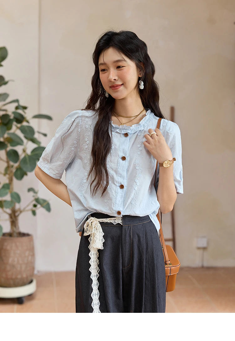MISHOW 100% Cotton Women's Puff Sleeve Shirt 2025 Summer New Fashion Round Neck Button Top Casual Female Clothing MXE36X1873