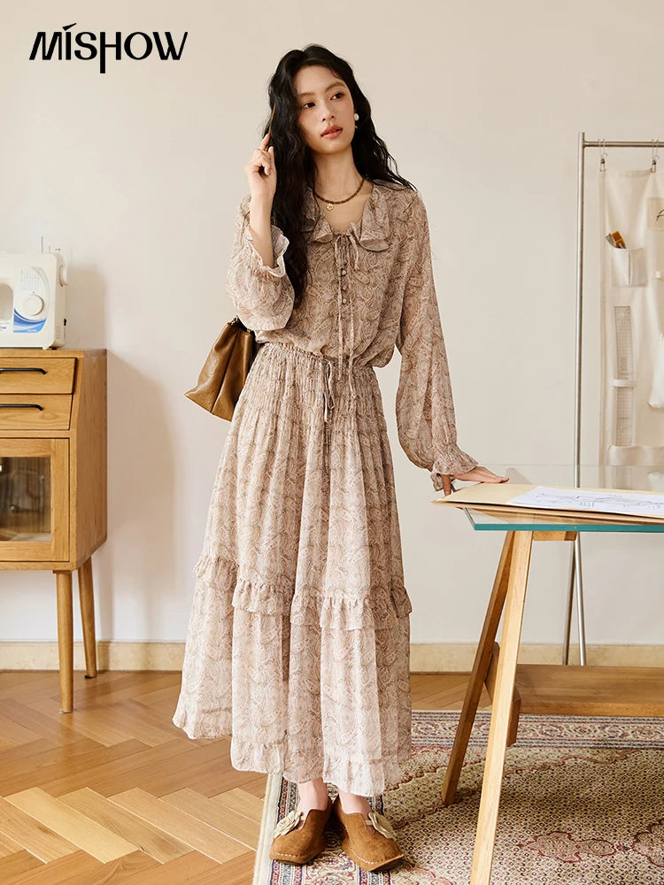 MISHOW Cashew Flower Dress for Woman 2025 Autumn Romantic Style Printed Dress Long Sleeve Ruffled Tie Waist Dress MXE46L2520