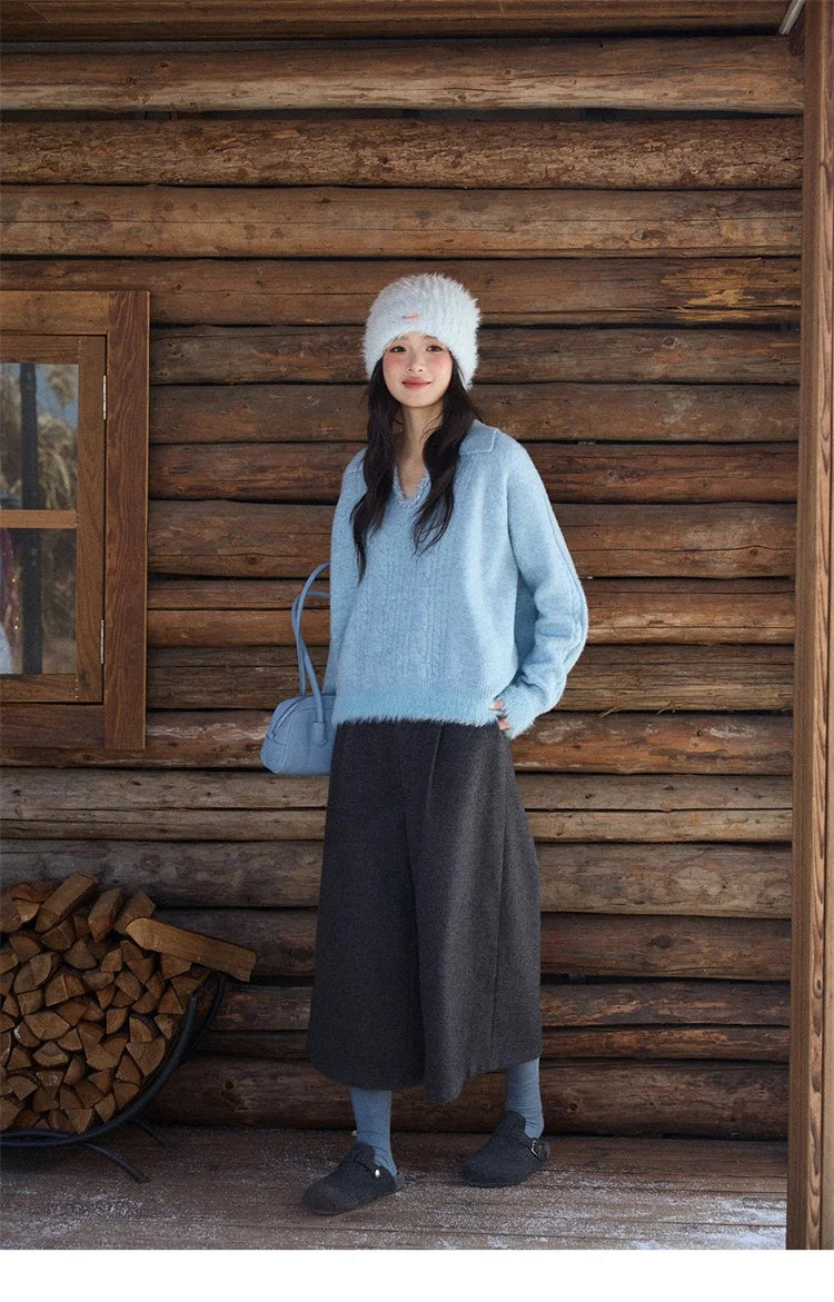 MISHOW Women's Pants 2025 Fashion Gray Wool Wide-leg Pants High-waisted Cropped Retro Style Commuting Pants Warm MXE90K1128